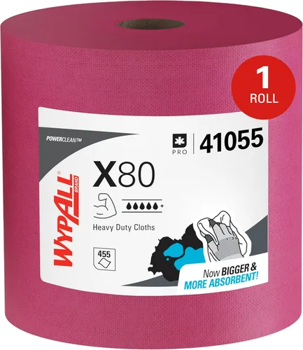 WypAll PowerClean X80 - Toallitas resistentes (41055), Jumbo, toallas de uso prolongado, color rojo (1 rollo de 455 hojas, 455 hojas en total)