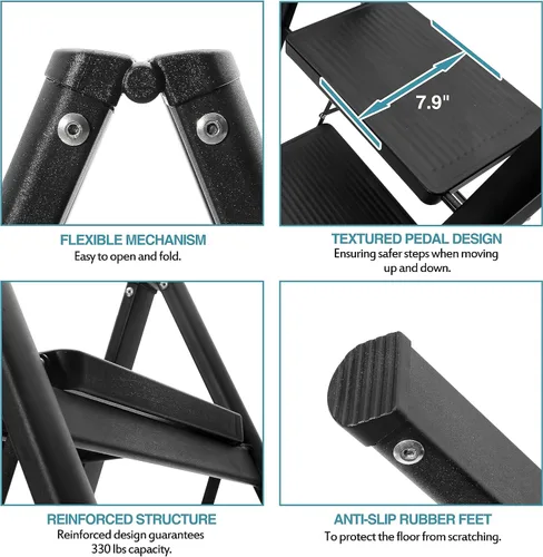 Miniatura 2 de BOCOM Escalera de 3 escalones, taburete plegable ligero y portátil de metal de hierro resistente con pedal ancho antideslizante, capacidad de carga