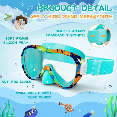 Miniatura 6 de Gafas de natación para niños con cubierta para la nariz, máscara de esnórquel panorámica de 180° con diseño antivaho y antifugas, correa de tela