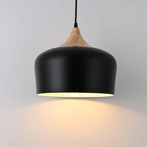 Lámpara colgante industrial negra de 11.8 pulgadas, iluminación colgante de techo ajustable de madera con pantalla de metal en forma de cúpula,