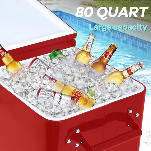 Miniatura 2 de Baúl de hielo de 80 cuartos de galón, enfriador de bebidas portátil con abridor de botellas, cuenca de atrapo, baúl de hielo rodante para patio