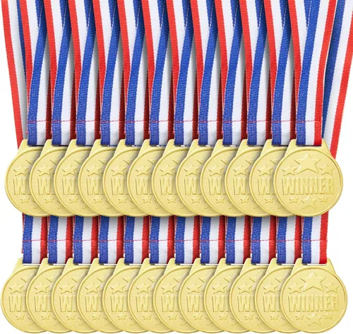 Juvale Medallas de oro para premios y trofeos – 1.5 pulgadas de diámetro, cinta de 15.3 pulgadas, paquete de 24 – Medallas de oro para niños y