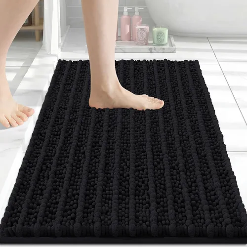Arotive - Alfombra de baño de lujo de chenilla, extra suave, gruesa, absorbente, esponjosa, antideslizante, se puede lavar y secar a máquina, Negro