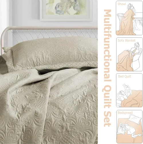 Miniatura 2 de BOREA home collection Juego de colcha ultrasónica de 3 piezas tamaño Queen, juego de cubrecama color crema, edredón Queen ligero, juego de ropa