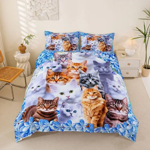 Miniatura 24 de Juego de funda de edredón para niños y niñas, con diseño de gatos y mascotas de dibujos animados, para niños y niñas, juego de funda de edredón