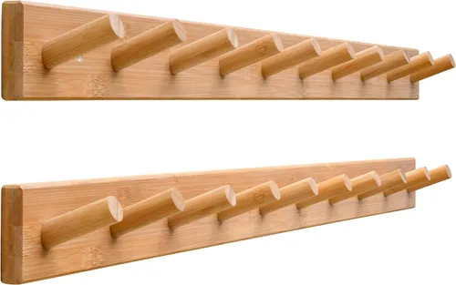 Miniatura 10 de SKOLOO - Perchero de pared de madera con 10 ganchos largos de bambú para colgar mochila, abrigo, toalla o sombrero, con 16 pulgadas de orificio a