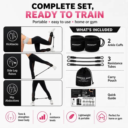 Miniatura 7 de Ankle Resistance Bands with Cuffs, Natural Latex Tubes, 3 Levels for Leg and Glute Workouts, Padded Ankle Straps for Kickbacks, Hip Training and