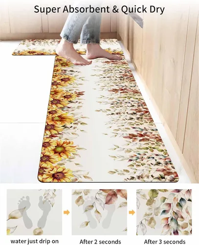 Miniatura 4 de Tapete de baño de eucalipto y girasol para bañera, antideslizante, de secado rápido y absorbente, de tierra de diatomeas, fregadero de cocina