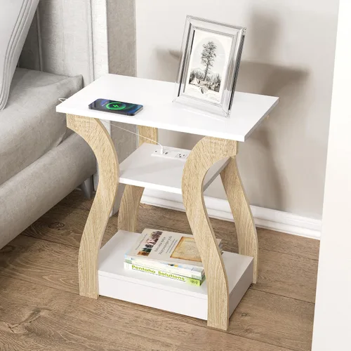 Miniatura 17 de FROMJBEST - Mesa auxiliar con estación de carga; mesa de lado con puertos USB y tomas de corriente; mesa de noche de sofá de 3 niveles para espacios