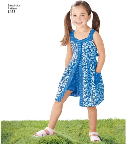 Miniatura 4 de Simplicity Kit de patrón de costura para vestido de niña, top, pantalones o pantalones cortos y sombrero, código 1453, tallas 3-8