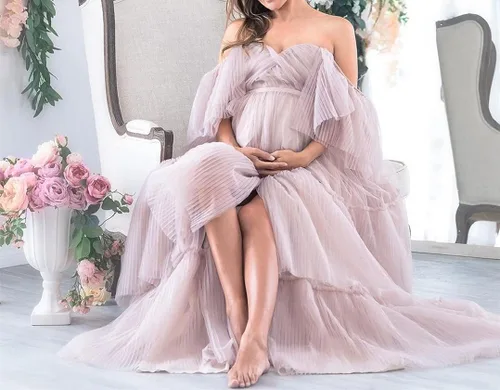 Miniatura 3 de Vestido de maternidad para mujer fuera del hombro para sesión fotográfica embarazo Maxi largo vestido hinchado