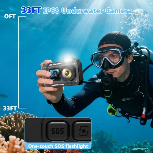 Miniatura 3 de Cámara Digital Impermeable 8K para Esnórquel: 70MP 33FT Cámara Subacuática Compacta Resistente HD de Doble Pantalla con Zoom de 18X Selfie, Tarjeta