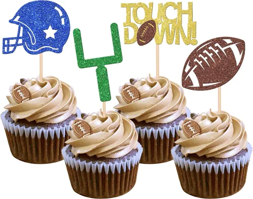 Miniatura 9 de Oh Baby - Juego de 24 adornos para cupcakes de fútbol americano con purpurina para decoración de cupcakes de fútbol americano para superrugby