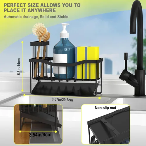 Miniatura 5 de Fssvcd Maifan Organizador de Fregadero para Cocina con Soporte para Cepillo y Bandeja Autodrenante de Acero Inoxidable, Organizador de Fregadero