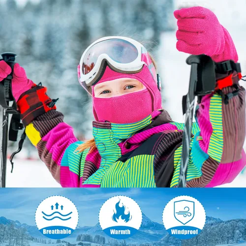 Miniatura 5 de Juego de 4 pasamontañas para niños, máscara de esquí y guantes de forro polar, gorro de invierno, máscara facial cálida para niños y niñas de 8 a 12