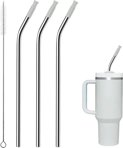 Miniatura 31 de Pajitas de metal rectas para vaso Stanley de 40 onzas, paquete de 3 popotes reutilizables de acero inoxidable con puntas de silicona y cepillo Gris