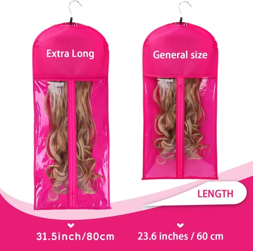 Miniatura 3 de 3 piezas de bolsa de almacenamiento extralarga para pelucas con colgador de madera, bolsa de almacenamiento para extensiones de cabello con Rosa Hot