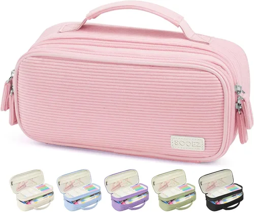 Miniatura 10 de Sooez Estuche grande para lápices, estuche de pana suave con asa, bonito estuche para bolígrafos, 5 compartimentos, organizador de amplia apertura
