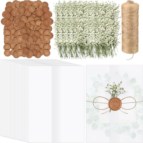 Qilery El kit de invitación de boda incluye chaqueta de vellum preplegada para invitación de 5 x 7 pulgadas, flor seca del aliento del bebé,
