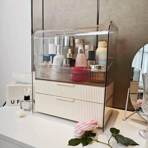 Miniatura 7 de Caja Organizadora de Almacenamiento de Maquillaje Grande, Vitrinas de Cosméticos a Prueba de Polvo y Resistente al Agua, Organizador de Cosméticos