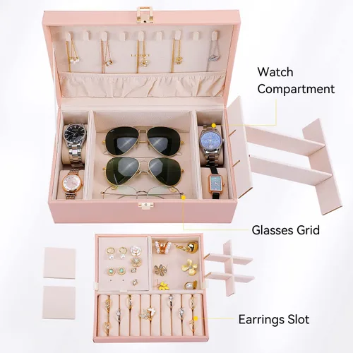 Miniatura 4 de LANDICI Joyero organizador para mujeres y niñas, caja grande de 2 capas para reloj con bandeja extraíble, soporte de almacenamiento de joyas de piel