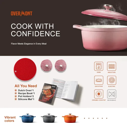 Miniatura 6 de Overmont Horno holandés de hierro fundido esmaltado, olla de 5.5 cuartos de galón con tapa de asas anchas, libro de cocina y agarraderas de algodón