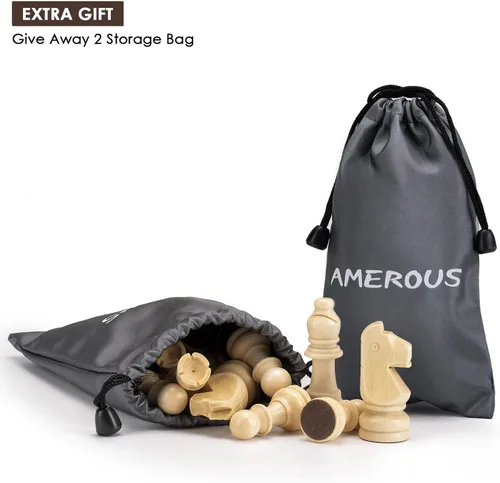 Miniatura 7 de AMEROUS Piezas de ajedrez de madera solamente, piezas de ajedrez de madera estilo Staunton con rey de 3.15 pulgadas, bolsa de almacenamiento, caja