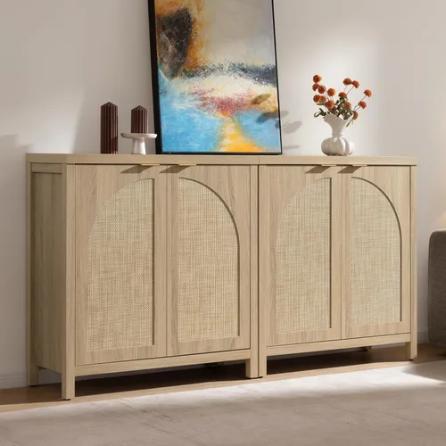 Miniatura 11 de SICOTAS Juego de 3 aparadores de ratán de 102 pulgadas de ancho, armario de almacenamiento moderno Credenza con puertas de arco y estantes, Roble