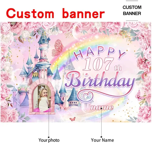 Miniatura 2 de Cartel personalizado de decoración de cumpleaños número 107 con temática de castillo y princesa, pancarta de tela personalizada para suministros