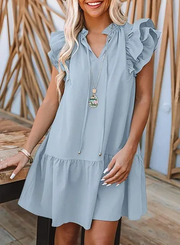 Miniatura 4 de Dokotoo Vestido corto de verano para mujer con cuello en V, cordón y volantes, manga corta, bolsillos laterales, mini vestido de verano