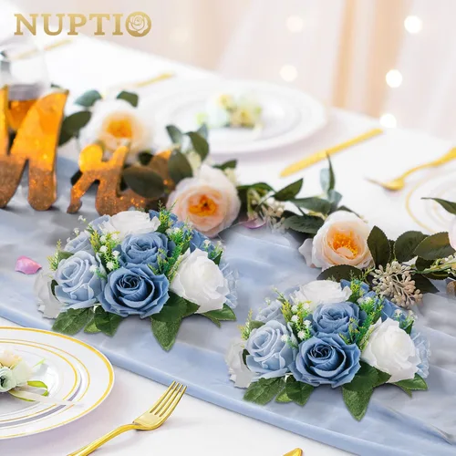 Miniatura 3 de NUPTIO Centros de Mesa Florales de Boda para Mesas: Bola de Flores Artificiales Azul Polvoriento y Blanco para Bodas y Fiesta - 2 Piezas de Arreglos