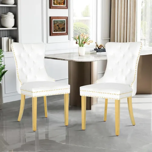 Miniatura 24 de Juego de 2 sillas de comedor de terciopelo, sillas de comedor modernas de lujo con patas de acero inoxidable doradas, sillas decorativas de cocina