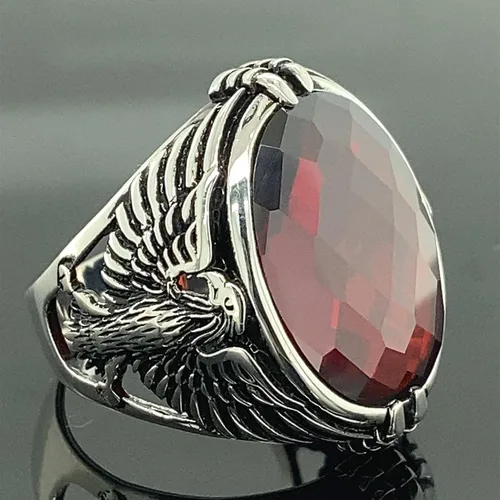 Miniatura 3 de Men Handmade Eagle Ring, Ruby Stone Ring, Silver Red Ruby Stone Ring, 925k Sterling Silver Ring, Handmade American Eagle Mens Ring