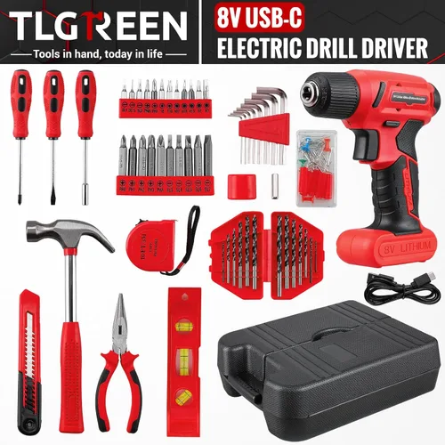 Miniatura 6 de TLGREEN Juego de 101 herramientas y taladros inalámbricos de 8 V, kit de herramientas eléctricas recargables USB-C con motor sin escobillas y carga