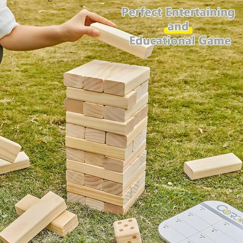 Miniatura 8 de GOROCK Juego de torre gigante de volteo, juego de apilamiento de bloques de madera de 57 piezas (más de 4.2 pies), juegos clásicos familiares