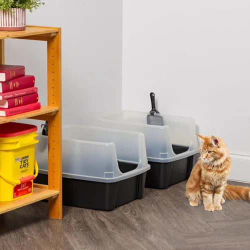 Miniatura 7 de IRIS USA - 2 Pack Caja de arena para gatos grande de tapa abierta con lados altos, escudo antidesperdicio y pala, color negro, para gatos