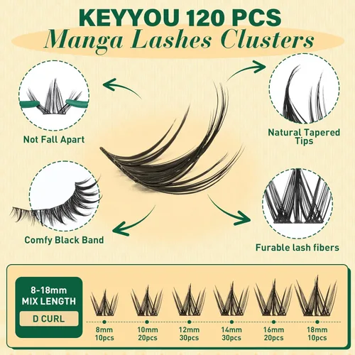 Miniatura 2 de KEYYOU Lash Manga, racimos de pestañas de 0.315 a 0.709 pulgadas, extensiones de pestañas naturales para bricolaje con banda fina suave (MG03)