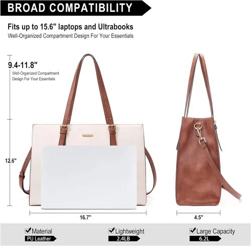 Miniatura 3 de CLUCI Bolsa de cuero para laptop de 15.6 pulgadas, maletín para mujer, bolso de hombro grande para oficina, escuela, viajes