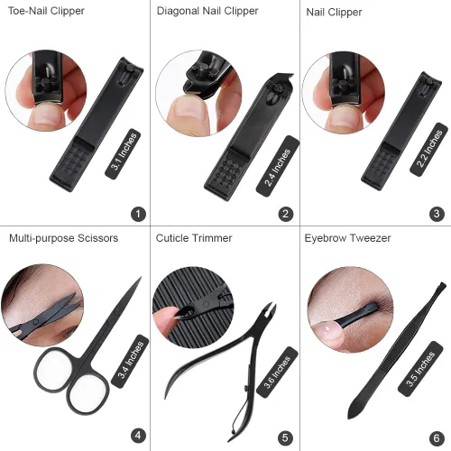 Miniatura 4 de ZIZZON Juego de manicura 18 en 1 profesional de pedicura con tijeras de uñas, kit de aseo con estuche de viaje de cuero (negro/rojo)
