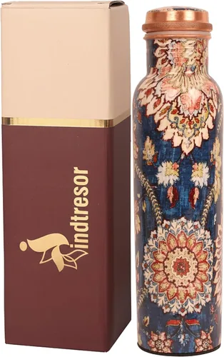 Botella de agua de cobre puro - Hecha a mano - Beneficios para la salud de ayurveda - Grande 35 oz - A prueba de fugas - Fácil de llevar para Índigo