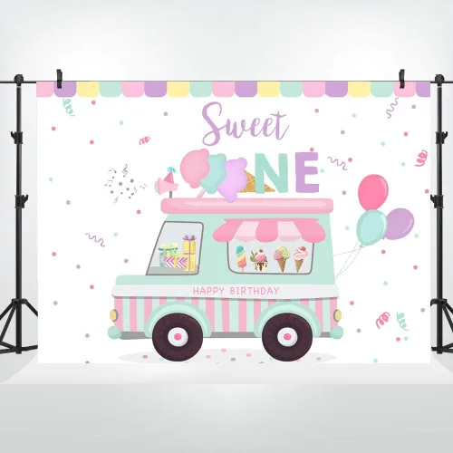 Miniatura 2 de Lofaris Telón de fondo para tienda de helados con texto en inglés «Happy Birthday» Sweet One Summer Baby Girls Party Photography Background 1st