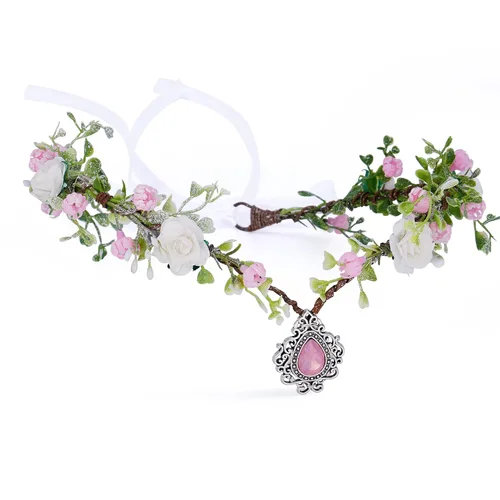 MOSTORY Corona de elfos de flores rosadas, diadema de corona floral hecha a mano para mujeres, tiara de elfo nupcial, accesorios para el cabello con