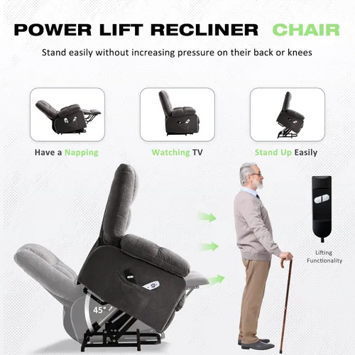 Miniatura 3 de BOSMILLER Silla reclinable eléctrica con masaje y calor para ancianos, silla elevadora eléctrica con carga USB y bolsillos laterales, adecuada