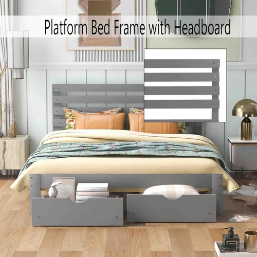 Miniatura 5 de Base de cama Queen con cajón de almacenamiento, base de cama de plataforma con cabecero, cámaras de base de colchón, soporte de listones de madera