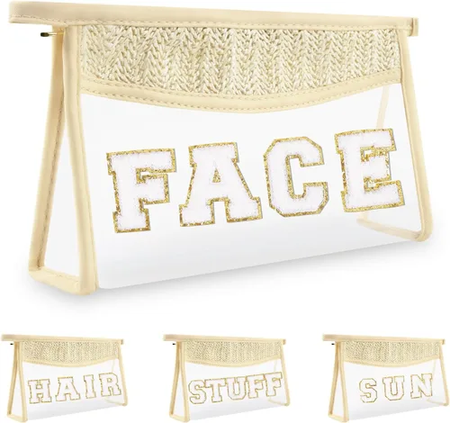Miniatura 9 de Iqimott 2 bolsas de maquillaje con parches transparentes, bolsa de letras boho para nadar en la playa, bolsas de maquillaje impermeables