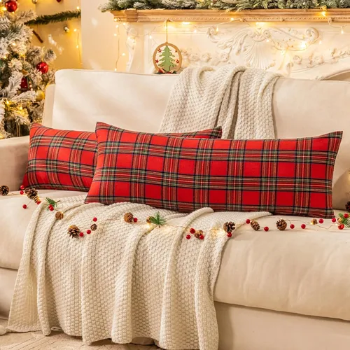 Miniatura 8 de AQOTHES Juego de 2 fundas de almohada decorativas a cuadros de Navidad para decoración rústica de casa, tartán escocés, verde, 22 x 22 pulgadas