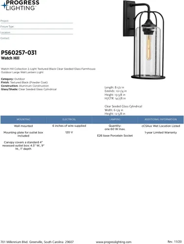 Miniatura 14 de Progress Lighting Watch Hill Collection - Farol de pared grande con textura de cristal transparente negro con textura de 1 luz para casa de campo