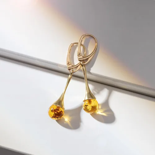 Miniatura 9 de Aretes de ámbar para mujer - Cuenta de bola con plata esterlina ag925 chapada en oro, cierre seguro con cierre de palanca en la parte trasera