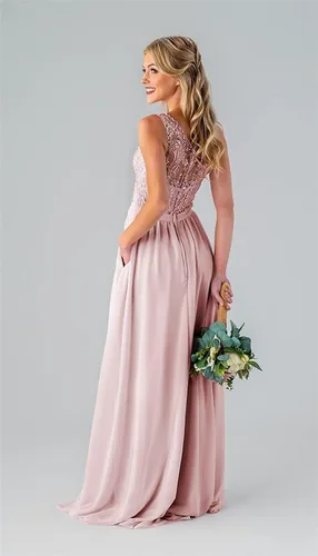 Miniatura 2 de Women's One Shoulder Lace Bridesmaid Dresses with Pockets Chiffon Long Formal Evening Gowns
