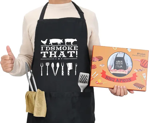 Delantal divertido para hombres – I'D Smoke That – Día del Padre, regalos de barbacoa para hombres – Talla única – Delantal de cocina negro con 3 Yo